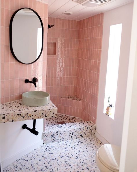 Pink Terrazzo Bathroom, Tile Vanity, Pink Tile Bathroom, Concrete Collaborative, Terrazzo Bathroom, Bathroom Ladder, Pink Tile, Beautiful Bathroom Designs, Cheap Ideas