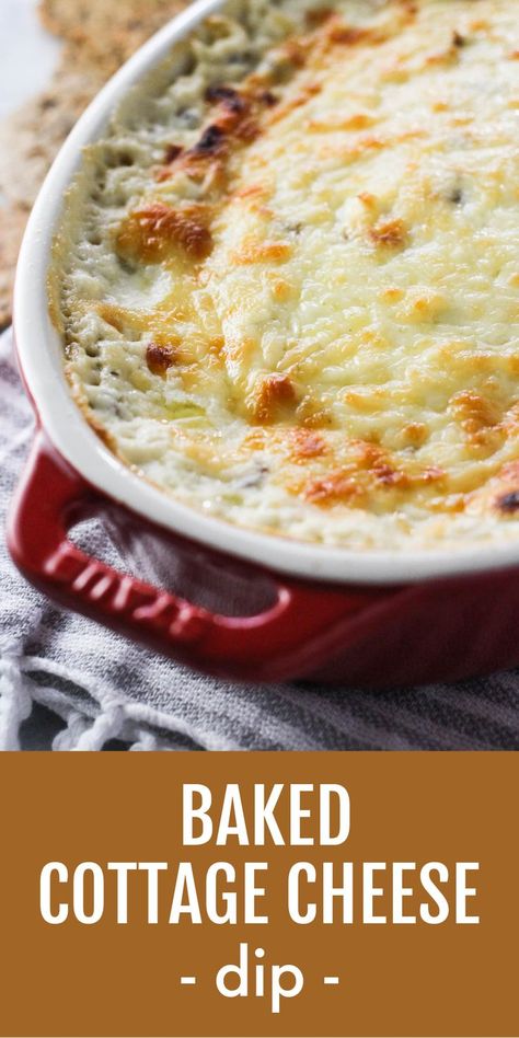 Baked cottage cheese dip in a red baking dish. Below the image, there is a text overlay saying: baked cottage cheese dip. Cottage Cheese Dip Recipes, Clean Eating Appetizers, Mushroom Appetizer, Cottage Cheese Dip, Mushroom Dip, Cottage Cheese Dips, Mushroom Recipes Healthy, Mushroom Appetizers, Bread Dip