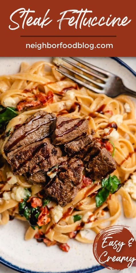 Creamy Steak Fettuccine Recipe, Pasta Date Night Recipes, Steak Gorgonzola Pasta, Creamy Steak Pasta Recipes, Creamy Steak Fettuccine, Steak Pasta Recipes, Steak Fettuccine, Parmesan Fettuccine, Creamy Steak