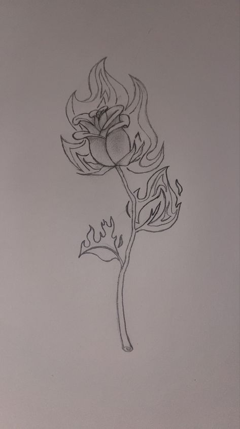 Burning Rose Painting, Flower On Fire Drawing, Fire Pencil Drawing, Burning Rose Drawing, Burning Flower Tattoo, Rose On Fire Drawing, Flower On Fire Tattoo, Cool Rose Drawings, Fire Drawing Simple