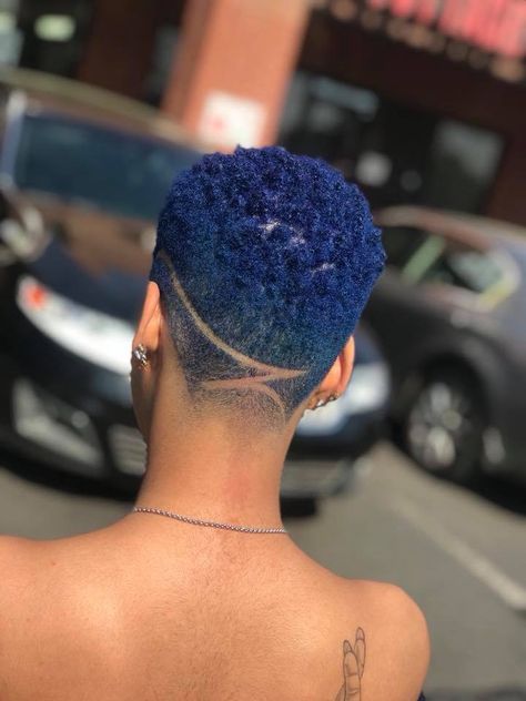 Maybe a third big chop is in my future. This cut and color is so dope! I love how natural hair is so versatile. Would you rock this style and color? Why or why not?  #naturalhairstyles #naturalhair #haircolor #haircuts #protectivestyles #hairdye #clippercut #blackhairstyles #blackgirlmagic #blackhairstyles #blackhairstylesnatural Blue Dyed Locs Black Women, Blue Dyed Hair Black Women, Short Natural Haircuts, Cabello Afro Natural, Shaved Hair Designs, Dark Blue Hair, Tapered Natural Hair, Pompadour Hairstyle, Natural Hair Cuts