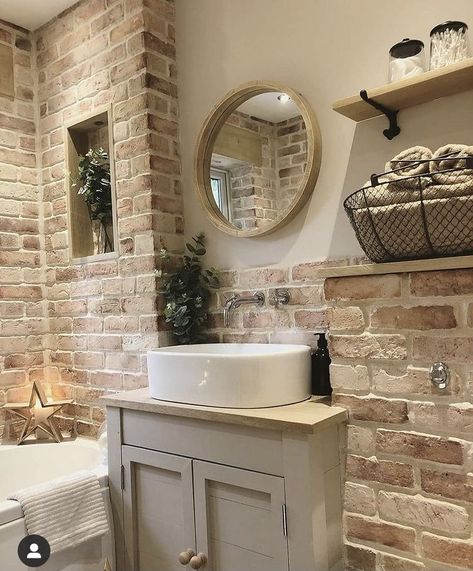 Brick Bathroom, Bathroom Farmhouse Style, Farmhouse Inspiration, Brick Walls, Farmhouse Bathroom Decor, Rustic Bathroom, Farmhouse Sink, Farmhouse Homes, House Bathroom