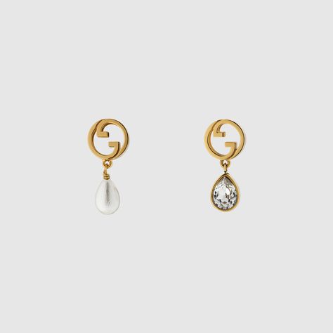 Gucci - Gucci Blondie crystal pearl earrings Gucci Earrings, Drop Pearl Earrings, Resin Pearl, Crystal Pearl Earrings, Logo With A, Gold Pearl Earrings, Crystal Drop, Crystal Pearls, Pearl Drop Earrings