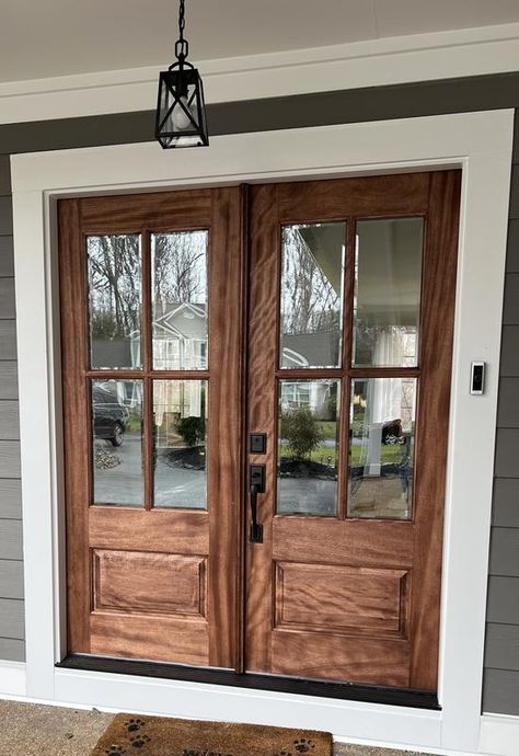 Knotty Alder Front Door With Sidelights, Wood Front Doors Double, Best Double Front Doors, Pine Double Doors, 3/4 Light Door, Double Front Entry Doors 8ft, Craftsman Style Double Front Door, Exterior Double Doors With Transom, Front Door Stains Wood