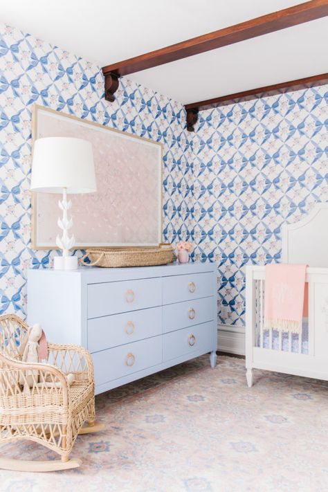 Designer Caitlin Wilson Launches Her First Children's Collection on April 23 - D Magazine Scalloped Quilt, Wicker Rocker, Caitlin Wilson, Blue Dresser, Blue Nursery, Big Girl Rooms, Baby Bedroom, Baby's Room, Antique Inspiration