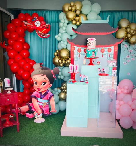 Mulan 1st Birthday Party Ideas, Mulan Theme Party, Mulan Centerpiece Ideas, Mulan Baby Shower Theme, Mulan Themed Birthday Party, Mulan Birthday Party Ideas, Chinese Birthday Party Ideas, Mulan Party Decorations, Mulan Party Ideas