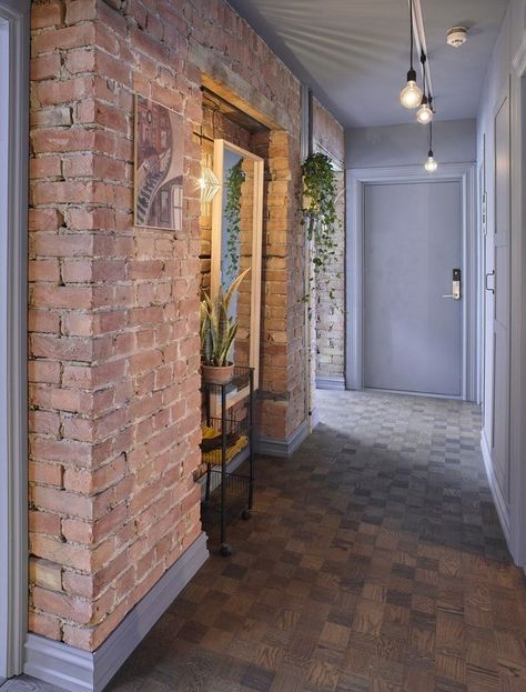 Beams Living Room, Brick Accent Wall, Contemporary Home Interior, Modern Apartment Design, Basement Remodel Diy, Small Apartment Design, Industrial Interior Design, Home Fix, Brick Walls