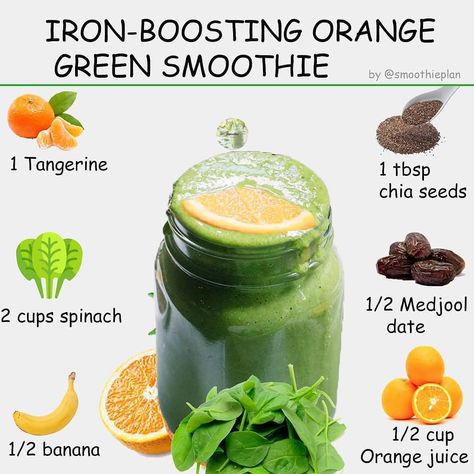 1 Smoothie Weight Loss on Instagram: “IRON-BOOSTING ORANGE GREEN SMOOTHIE 🌟⁣ by @smoothieplan ⁣ Today I decided to create a smoothie with foods that provide iron: spinach and…” Green Smoothie Recipes For Iron, Iron Deficiency Smoothie, Iron Packed Smoothie, Iron Boosting Smoothies, Pregnant Smoothies, Iron Smoothie Recipes, Iron Snacks, Iron Smoothie, High Iron Smoothies