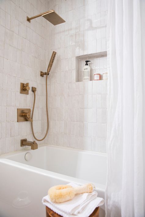 One Room Challenge ~ Week 6 Reveal Bathroom Inspo With Tub, Square Tile Tub Surround, 80s Bathroom Remodel, Bathroom Shower Insert, Bathrooms 2024, Tub Insert, Kids Bathtub, Master Remodel, Shower Soap Dispenser