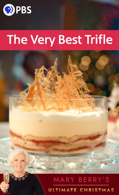 It wouldn’t be Christmas without trifle! This is a good traditional recipe which is always popular with my family. Rather than making a custard, and the fear that it may not set we have given a cheats version here, which gives excellent results. Mary Berry Trifle, Best Trifle, Mary Berry Christmas, Christmas Trifle Recipes, Amaretti Biscuits, Christmas Trifle, Mary Berry Recipe, Berry Trifle, Pbs Food