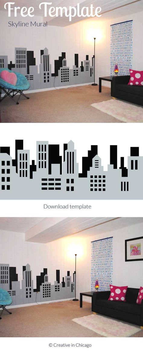 Download the design to create this fun skyline mural perfect for a teenage hangout room. #skyline #template #printable #teenagedecor #interiordesign #mural #skylinemural Art Room Mural Ideas, Teenage Hangout Room, Teenage Hangout, Batman Card, Cityscape Mural, Skyline Mural, Avengers Room, Spiderman Room, Batman Room