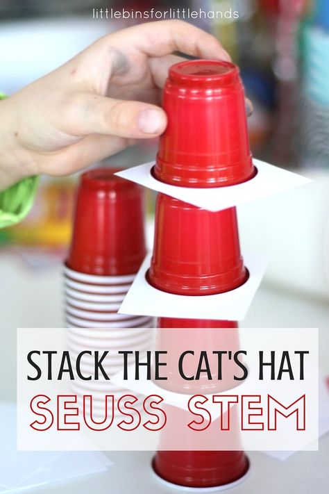 Dr Seuss STEM Challenge Cup Stacking Cat's Hat Activity for Kids. Stack the Cat's hat for a simple The Cat In The Hat book activity for Dr. Seuss and Read Across America. Dr Seuss Stem, Dr. Suess, Hat Activity, Dr Seuss Preschool Activities, Cup Stacking, Dr Seuss Preschool, Science Experience, Dr Seuss Classroom, Kindergarten Stem