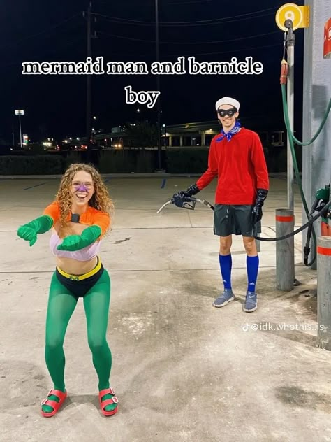 mermaidman and barnacle boy Xmen Couple Costume, Cool Halloween Couple Costumes, Perry The Platypus Costume Couple, Creative Couples Costumes 2023, Holloween Costume Ideas Couple Creative, Halloween Town Costumes, Couples Costume Ideas 2023, Couple Costume 2023, Women Duo Halloween Costumes