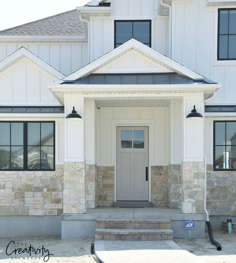 Modern Farmhouse Door Exterior Shot Elevation Homes Utah Stone Exterior Houses, White Exterior Houses, Farmhouse Exterior Design, Door Exterior, Farmhouse Door, Farmhouse Doors, Modern Farmhouse Exterior, Casa Exterior, Exterior Remodel