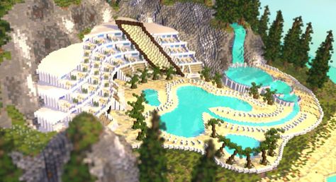 Island Pool Resort Minecraft Project Resort Minecraft, Minecraft Pool Ideas, Minecraft Pool, Minecraft Mountain, Island Pool, Minecraft Building Ideas, Pool Resort, Survival Project, Minecraft Mansion