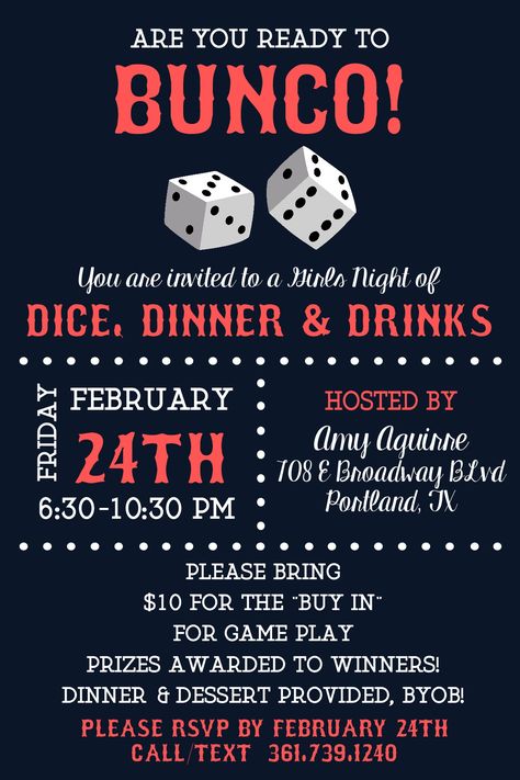 Bunco Party Invitation Bunko Invitation Bunco Party, Couples Bunco Party, Bunco Fundraiser Ideas, Bunco Night Themes, Bunco Invitations, Bunco Themes Ideas, Bunco Party Ideas, Euchre Party, Bunco Party Themes