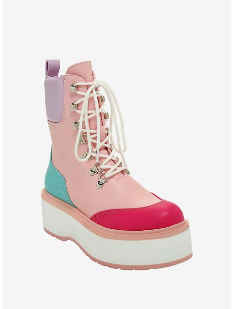 Pastel Color-Block Platform Combat Boots Plum Outfit, Platform Combat Boots, Turquoise And Pink, Shoes World, Fashion Aesthetics, Cute Boots, Stylish Boots, Purple Light, Pastel Purple