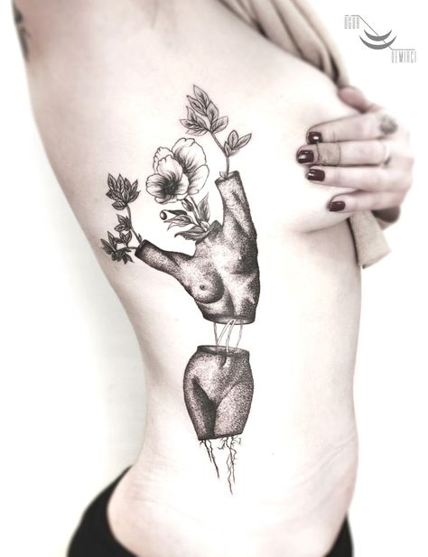 Tattoos Of Woman Bodies, Sculpture Tattoo Ideas, Weird Flower Tattoo, Female Figure Tattoos, Plant Head Tattoo, Large Leg Tattoos For Women, Female Form Tattoo, Plus Size Tattoo Ideas, Temporary Tattoos Diy