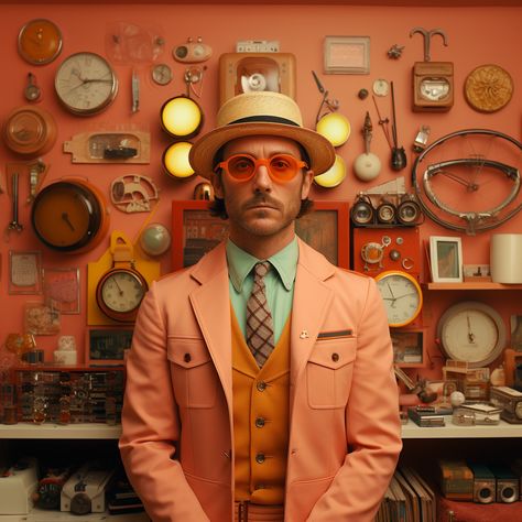 Wes Anderson inspired character design and photoshoot - the pink watch maker Wes Anderson Photoshoot Ideas, Wes Anderson Set Design, Wes Anderson Shots, Wes Anderson Aesthetic Photography, Wes Anderson Style Photography, Wes Anderson Portrait, Wes Anderson Pink, Wes Anderson Photography, Wes Anderson Photoshoot