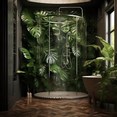 Loft Bathroom Ideas, Vibe Bathroom, Home Lobby, Jungle Bedroom, Bali Style Home, Home Vibes, Natural Showers, Jungle House, Chic Lighting