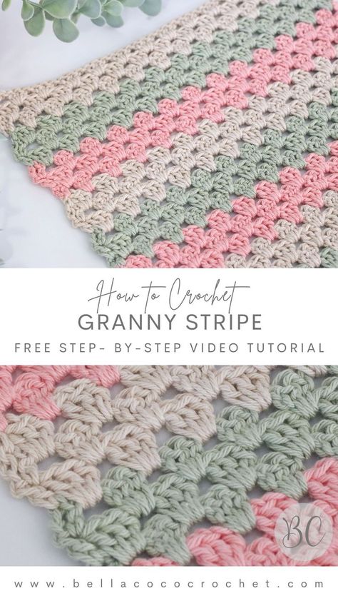 Learn how to crochet the granny stripe Granny Stripe Crochet, Granny Stripe Blanket, Crochet Granny Stitch, Knitting Quilt, Bernat Baby Blanket Yarn, Bella Coco, Granny Stripe, Stripe Blanket, Crochet Basket Pattern Free