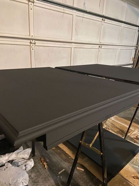 Matte Black Kitchen Table, Modern Painted Coffee Table, Matte Black Dining Table, Painting Dining Room Table Black, Painted Black Dining Table, Diy Black Dining Table, Dining Room Table Makeover Paint, Black Table Wood Chairs, Black Painted Dining Table