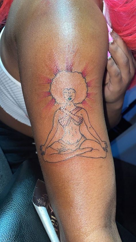 Women Meditating Tattoo, Meditating Tattoo Woman, Black Culture Tattoos Ideas, Black Woman Meditating Tattoo, Black Spiritual Tattoos, Afro Tatoos, Neo Soul Aesthetic Tattoo, Woman With Afro Tattoo, Black Feminine Tattoos