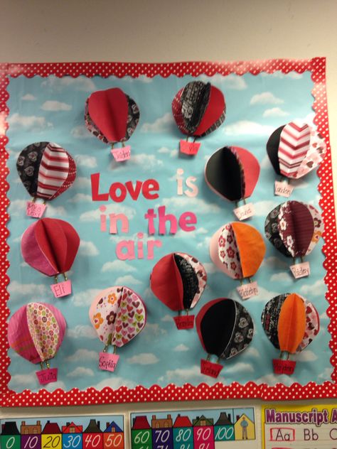 Love is in the air hot air balloon valentines day bulletin board Valentines Day Bulletin Board Ideas, February Bulletin Boards, Valentine Bulletin Boards, Class Bulletin Boards, Work Bulletin Boards, Valentines Day Bulletin Board, 11 February, 10 February, Preschool Bulletin