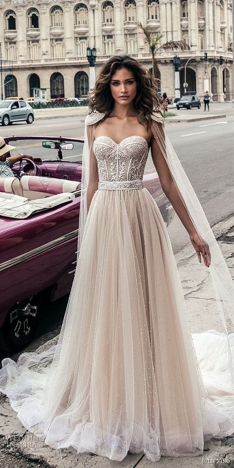 julie vino fall 2018 havana strapless sweetheart neckline heavily embellished bodice tulle skirt romantic soft a  line wedding dress open back chapel train (6) mv -- Julie Vino Fall 2018 Wedding Dresses Shoulder Pad Wedding Dress, Crazy Wedding Dresses, Wedding Dresses Fall, Wedding Dresses Blush, Dresses Fall, Pnina Tornai, Strong Shoulders, Wedding Dresses Corset, Wedding Forward