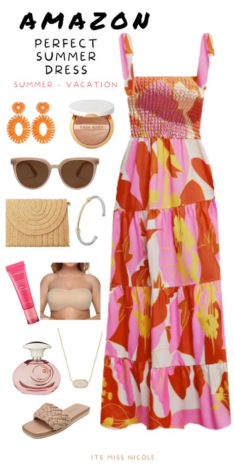 Floral summer dress with a collage of stylish summer resort fashion items with a text overlay that says amazon perfect summer dress summer vacation Amazon Vacay Outfits, Amazon Cruise Outfits, Vacation Outfits Over 40, Amazon Beach Vacation Outfits, All Inclusive Resort Outfit Ideas, Wedding Weekend Outfits, Beach Vacation Outfits Over 40, Resort Casual Attire Women, Summer Amazon Finds