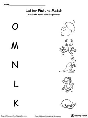 Uppercase Beginning Letter Sound: O M N L K: Encourage your child to learn letter sounds by practicing saying the name of the picture and connecting with the correct letter in this printable worksheet. Match The Letter With The Picture, Letter Sound Worksheets, Learning Letter Sounds, Lkg Worksheets, Nursery Worksheets, Letter Worksheets For Preschool, Beginning Sounds Worksheets, Kindergarten Phonics Worksheets, English Worksheets For Kindergarten