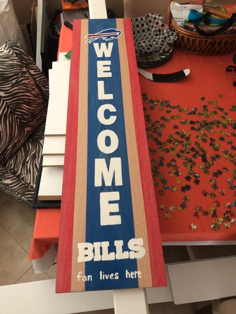 DIY Buffalo Bills Welcome sign for your front porch. Buffalo Bills Welcome Sign, Football Crafts, Painted Post, Diy Porch, Wine Corks, Porch Sign, Michigan Wolverines, Cricut Maker, Diy Signs