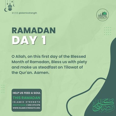 Islamic Strength on Instagram: "#Ramadan Day 1 O Allah, on this first day of the Blessed Month of Ramadan, Bless us with piety and make us steadfast on Tilawat of the Quran. Aamen. #muslim #islam #Ramadan #day1" Ramadan Day 1, Islam Ramadan, Month Of Ramadan, Almighty Allah, Ramadan Day, The Quran, Positive Change, First Day, Ramadan