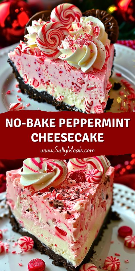 This No-Bake Peppermint Cheesecake is a creamy, festive holiday dessert featuring a rich chocolate cookie crust, a luscious peppermint-infused filling, and crunchy candy cane pieces. It’s easy to make, requires no oven time, and is perfect for Christmas gatherings. Easy Delicious Breakfast Ideas, Easy Delicious Breakfast, Festive Holiday Desserts, Gooey Chocolate Brownies, Chocolate Cookie Crust, Homemade Appetizer, Peppermint Cheesecake, Food Easy Recipes, Healthy Meal Prep Ideas