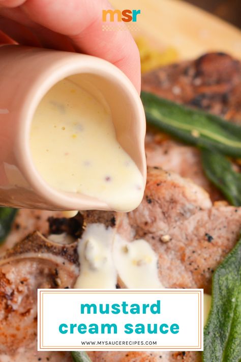 This EASY Mustard Cream Sauce combines Dijon and whole-grain mustard with sauteed shallots, sage, chicken broth, brandy, and white pepper! Sweet Potato Fries Dipping Sauce, Chinese Garlic Sauce, Crab Cake Sauce, Seafood Sauce Recipe, Sage Chicken, Dijon Cream Sauce, Ham Sauce, Dijon Mustard Sauce, Homemade Crab Cakes