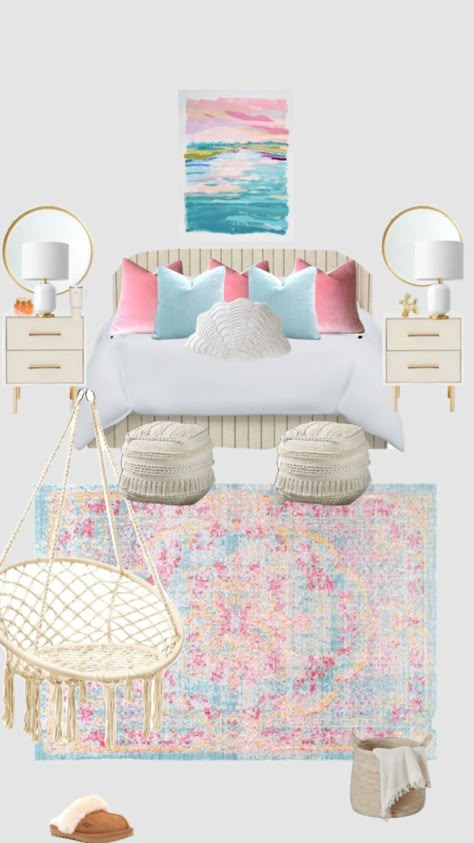 Preppy Room Collage, Dream Bedrooms For Teens, Preppy Bedroom Layout, Beachy Pink Bedroom, Pink And Blue Aesthetic Room, Beachy Preppy Bedroom, Coastal Pink Bedroom, Preppy Beach Bedroom, Preppy Beach Room