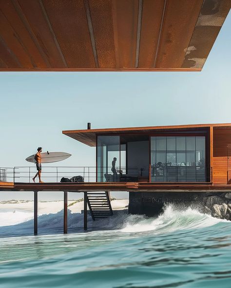 the surf shack | wood edition testing new views and vignettes. caught some nice underwave on accident which was fun 🤙🏼 #surf #surfer #surfshack #beach #ocean #midjourneyarchitect #midjourney #artificialintelligence #artificialarchitecture #artificialsketchbook #generativedesign Modern Surf House, Surfer House, Beach House View, Architecture Study, Beach View House, Oceans 11, Surf House, Surf Shack, House Deck