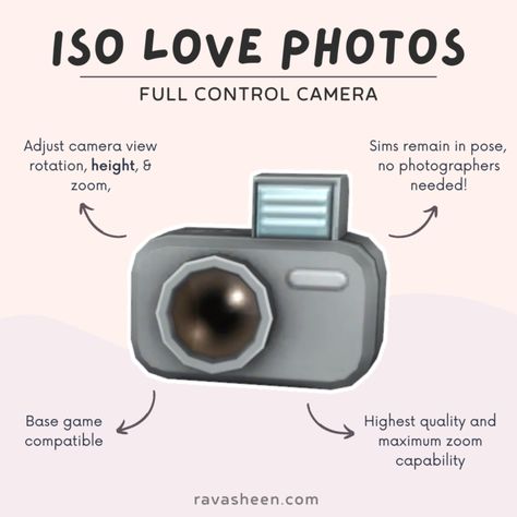 RAVASHEEN - ISO Love Photos - Full Control Camera Ravasheen Ios Love Photos Camera Sims 4, Sims 4 Iso Love Photos, Ts4 Camera Mod, Iso Love Camera Mod Sims 4, Sims 4 Paint It Up Mod, Sims 4 Pose Camera, Camera Cc Sims 4, Sims 4 Camera Tripod Cc, Sims 4 Whooping Mod