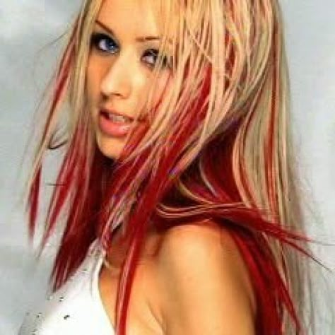 Blonde Hair Red Streaks, Christina Aguilera Hair, Red And Blonde Hair, Pinwheel Hair Color, Red And Blonde, Hair Stripping, Red Streaks, Red Blonde Hair, Color Streaks