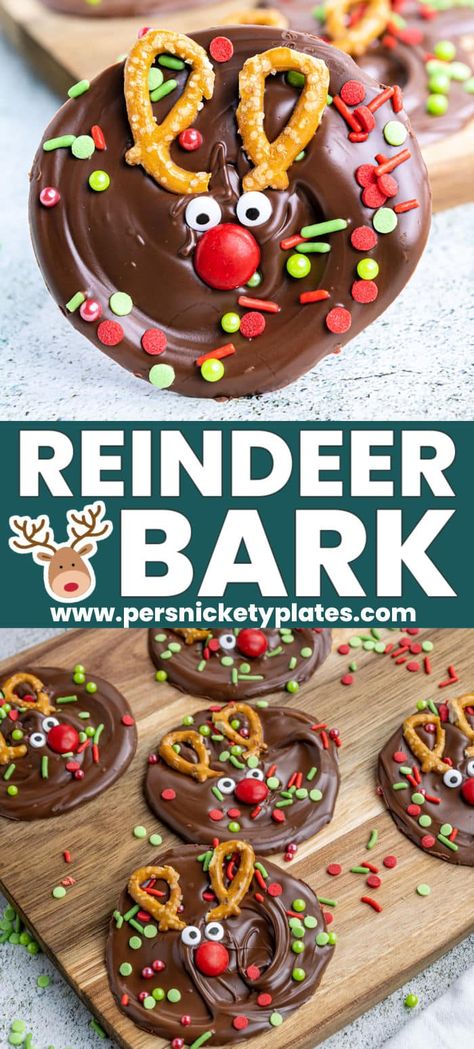 No-bake melted reindeer bark is an adorable and festive treat that can be made with a handful of ingredients in just 25 minutes, including chill time! Bite-size melt-in-your-mouth chocolate rounds with candy for the face and crunchy pretzels for the antlers are an edible craft that anyone can make! Chocolate Dipped Holiday Treats, Festive Chocolate Bark, Christmas Candy Kids Can Make, Reindeer Bark Recipe, Christmas Candy Pretzels, Festive Treats Christmas, Pretzel Reindeer Treats, Reindoor Food, Pretzel Rods Dipped Christmas