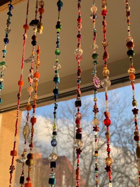 Garland Aesthetic Room, Crochet Ceiling Hanging, Curtains Around Bed, Beaded Curtains Diy, Curtain Beads, Beaded Curtains Doorway, Paper Beads Diy, Hippie Bedroom Decor, Hippie Bedroom