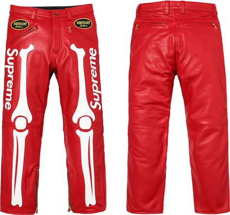 Supreme®/Vanson® Leather Bones Pant - Fall/Winter 2017 Preview – Supreme Red Leather Pants, Red Velvet Jacket, Red Trousers, Patchwork Jeans, Stylish Mens Outfits, Shopping Website, Red Pants, Velvet Jacket, Best Sneakers