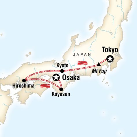 GAdventures | Map of the route for Japan Express: Osaka to Tokyo Honeymoon Tokyo, Japan Tourist, Japan Travel Destinations, Japan Map, Japan Holidays, Tokyo Japan Travel, Japanese Travel, Japan Itinerary, Japan Vacation