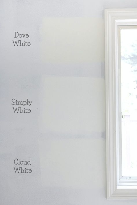 Benjamin Moore Dove White versus Simply White vs. Cloud White paint colors Benjamin Moore Cloud White, Interior Paint Colors For Living Room, Interior Paint Colors Schemes, Benjamin Moore White, Family Room Makeover, Best White Paint, Paint Color Schemes, White Dove, White Paint Colors