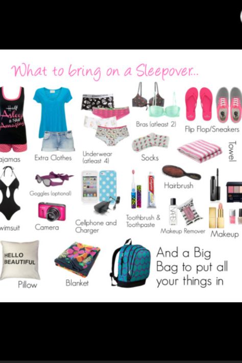 Who brings 2 bras and 4 pairs of underwear to a sleepover. And goggles. "Hello beautiful" pillow. I can't Sleepover Packing List, Sleepover Fun, Selamat Hari Valentine, Sleepover Essentials, Sleepover Tips, 16 Gifts, Teen Sleepover, Party Sleepover, Pyjamas Party