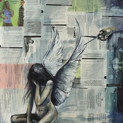 Sara Riches, The Cult, Big Bow, Mix Media, Newspaper, Angel, Art