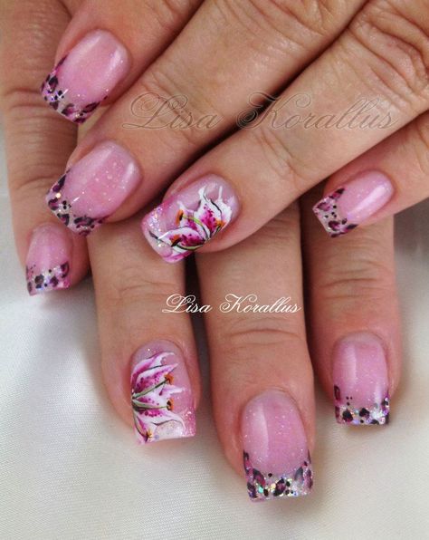 Sculpted gel enhancement with hand painted stargazer lily.  #floralnaildesign #floralnailart #roses #floral #handpaintedflowers #pinkandwhites #frenchnails #gelnails #nailart #handpaintednails #naildesign #nails #lisakorallus #liquidglamour #nailpictures #onestrokepainting #animalprint #lilies #lily #stargazerlily #leopardprint Stargazer Lily Nails, Lily Nails, Nail Enhancements, Nail Hacks, New Nail Art Design, Floral Nail Designs, Art Designs Ideas, New Nail Designs, Stargazer Lily