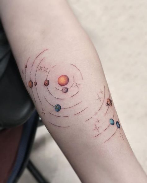 Georgia Grey on Instagram: "🪐How the planets aligned the day she was born. 🌎 Thank you @mollicathebaker • • • • • • #happy #instadaily #love #tattoo #tattooart #tattoolife #newyorktattooartist #njtattooartist #tattoosociety #tattoosnob #tattoosofinstagram #space #spacetattoo #delicatetattoo #planets #planettattoo #birthday #moon #moontattoo" Alignment Tattoo, Planet Alignment, Birthday Moon, Planets Aligned, Planet Tattoos, Love Tattoo, Delicate Tattoo, Space Tattoo, The Planets