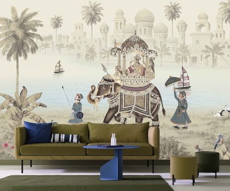 Vintage Wall Mural, Matt Wallpaper, Wallpaper High Quality, Elephant Wallpaper, Decor Paintings, Wallpaper Landscape, Print Design Art, Mural Ideas, Tanjore Painting