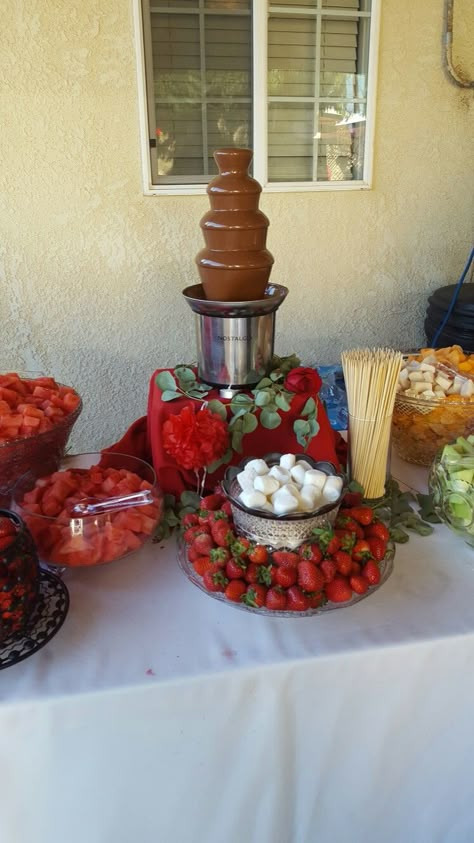 Chocolate Fountain Strawberries, Strawberry Chocolate Fountain, Chocolate Fondue Aesthetic, Sweet 16 Party Food Ideas Snacks, Quinceanera Snacks, Sweet 16 Birthday Dinner, Chocolate Fountain Ideas, Sweet 16 Food Ideas, Chocolate Fountain Bar